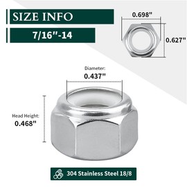 7/16"-14 Nylon Insert Hex Lock Nuts, Allen Hex Drive, 304 Stainless Steel 18-8, Full Thread, Coarse Thread UNC, Pack of 20