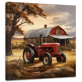 CGXLB Vintage Tractor and Barn Wall Art Rustic Red Farmhouse Painting Countryside Autumn Landscape Pictures for Living Room Farmhouse Dining Room 12"x12"
