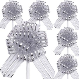 RONGZUBAT 6pcs 6inch Large Organza Pull Bows Wrapping Pull Bow Ribbon Silver,Christmas Pull Bows Gift Wrap Bows for Gift Wrapping Baskets Wedding,Valentine's,Birthday Gift, Decorations