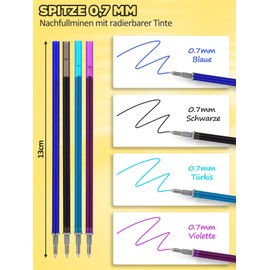 Erasable Refills Compatible with Legami - [Set of 12, Blue + Black + Turquoise + Purple] - 0.7 mm Colourful Gel Pen Refills Rollerball Refills Erasable for Legami Erasers