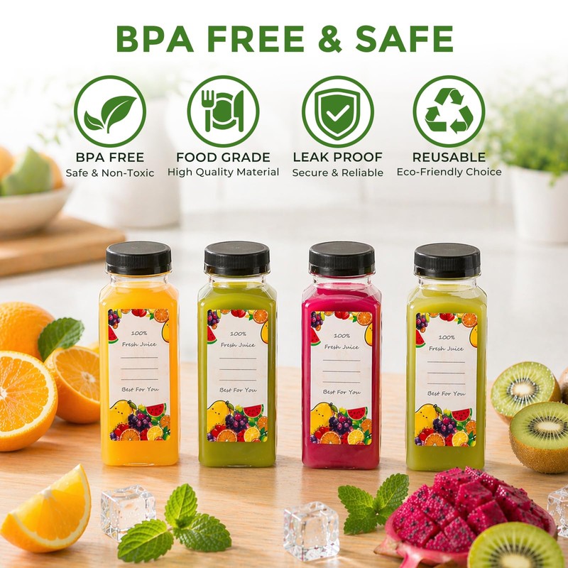 12oz Plastic Juice Bottles with Caps (24 Pack) – Reusable