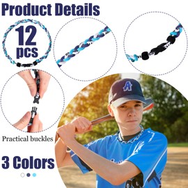 Zeyune 12 Pcs 18" Baseball Necklace for Boys Three Braided Rope Tornado Titanium Baseball Rope Necklace for Men Sport (Blue,White,Light Blue)