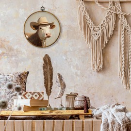 shiviody Vintage Cowboy Canvas Wall Art Decor, Retro Western Cow Wall Decor, Funny Animal Cowboy Hat Round Hanging Frame Prints Decorations for Bedroom Bathroom Boys Room 10"x10"