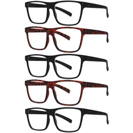 Kerecsen 5 Pack Oversized Reading Glasses Blue Light Blocking Square Large Frame Readers for Men and Women (3 Black 2 Tortoise, 1.00, x)
