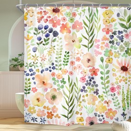 Riyidecor Green Yellow Floral Shower Curtain for Bathroom Decor 72Wx72H Cute Colorful Kids Girly Spring Botanical Natural Plants Flower Art Printed Fabric Polyester Waterproof 12 Pack Plastic Hook