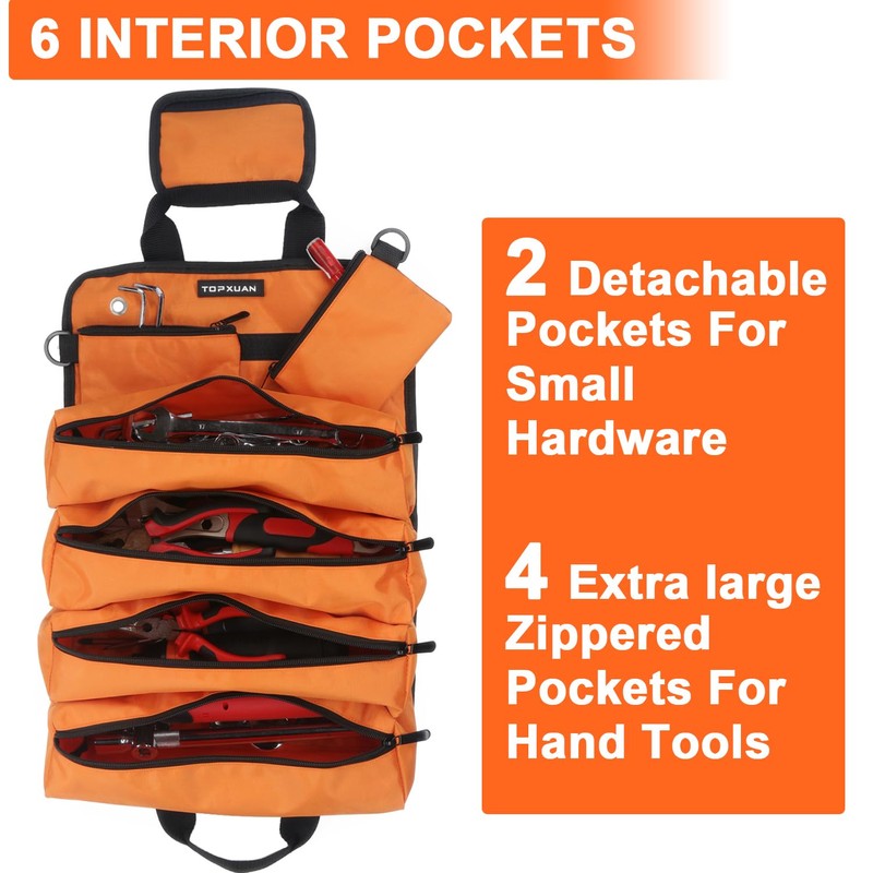 TOPXUAN Tool Roll Bag 4 Large Zipper pockets 2 detachable
