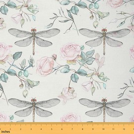 Feelyou Dragonfly Upholstery Fabric, Rose Floral Branch Fabric by The Yard, Garden Theme Flying Dragonflies Decorative Fabric for Upholstery and Home DIY Projects, Outdoor Fabric, 2 Yards, Pink Gray