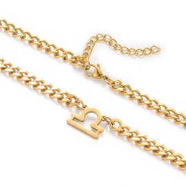 GHIUYUI Zodiac Sign Pendant Necklaces for Women Men Stainless Steel Libra Constellation Horoscope Astrology Jewelry, 6.5mm Diamond Cut Cuban Link Curb Chain 18+2 inches (Libra 9.23~10.22, Gold)