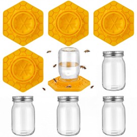4 Pack Bee Feeder for Mason Jar Bee Watering Station Garden Silicone Sugar Water Feeder Beekeeping Drinking Equipment Tools with Mason Jars for Drinking Water (Ginger Yellow,Hexagon)
