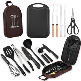 Wesqunie Camping Cookware Cooking Utensils Set - 14Pcs Camping Kitchen Utensils, Portable Outdoor Camping Essentials Accessories, Stainless Steel & Silicone, Camping Gear Equipment for RV Picnic Grill
