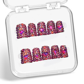 Handmade Press on Nails with Full Covered Luxury Rose Red Rhinestone Crystals False Nails Designs Reusable Muti-Layer Gel Stick on Nail Short Duck Thick Acrylic Fake Nails for Women（S)