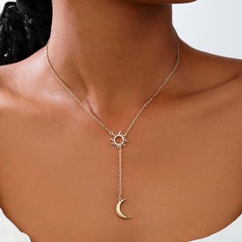Inateannal Boho Moon Lariat Necklace Chain Crescent Moon Pendant Necklace Vintage Sun Choker Necklace Sun Moon Y Drop Necklace Jewelry for Women
