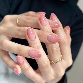 Uñas postizas de gel ovaladas cortas en nude rosa, uñas acrílicas redondas, uñas postizas de gel, uñas cortas en almendra, uñas postizas de color puro