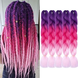 AIDUSA Ombre Braiding Hair Purple to Pink Afro Braiding Hair Extensions 5Pcs Synthetic 24 Inch 3 Tones for Women Twist Crochet Braids 100g (#C25 Purple to Pink)
