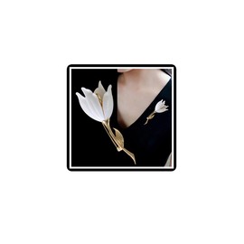 Tulip Magnolia Flower Brooch Leaf Corsage Collar Breast Pin Vintage Branch Badge Coat Suit Skirt Studs Accessories for Women Girls (White)