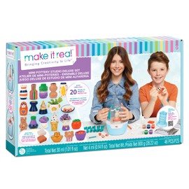 Make It Real Mini Pottery Studio Deluxe Set - DIY All-in-1 Sculpting Craft Kit for Kids & Tweens - Create 20 Unique Miniature Clay Projects - No Mess, No Bake, Quiet Wheel - All Skill Levels Ages 8
