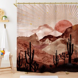 Miyotaa Abstract Mountain Shower Curtain Set 60Wx71H Inches Boho Sun Sunset Sunrise Mid Century Terracotta Cactus Desert Polyester Waterproof Cloth Bathroom Curtain with 12 Hooks