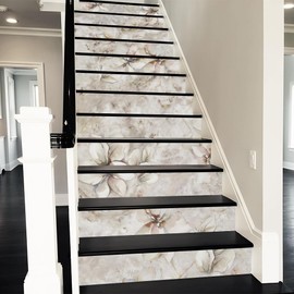 REDAMANCY Watercolor Boho Cream Sand Magnolia Florals Peel and Stick Vinyl Stair Riser Decals Staircase Tile Stickers Decor Modern Marble Decoration Self-Adhesive(14 Pcs)