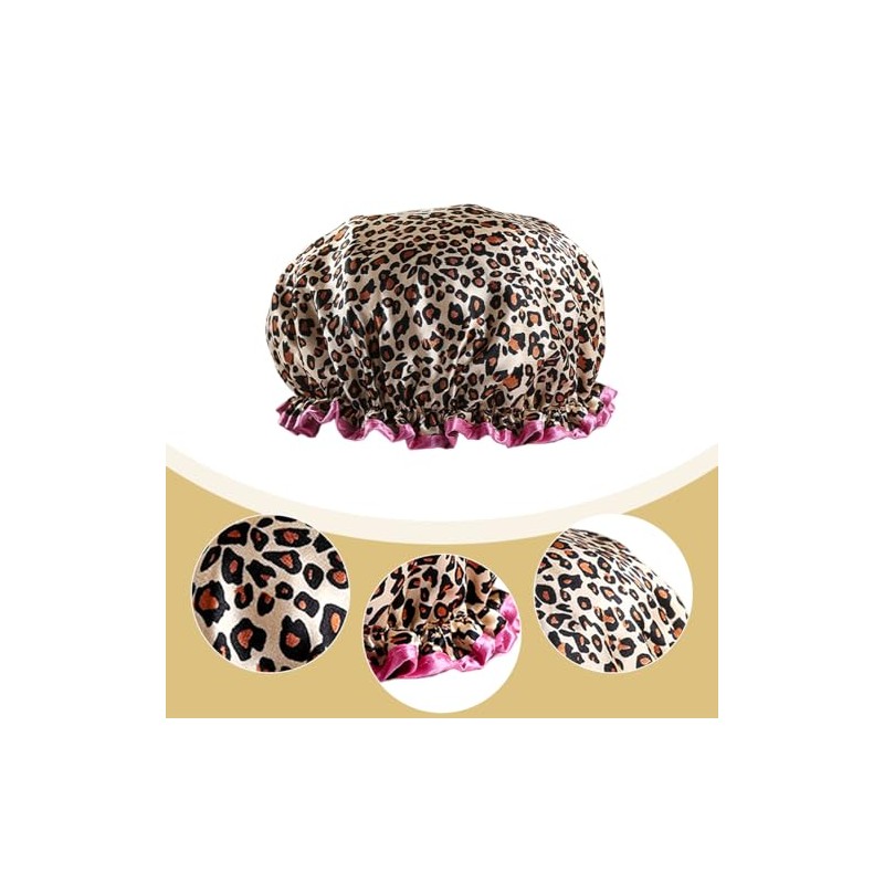 Reusable Waterproof Shower Cap - Double Thick, Leopard Red Border