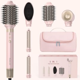 Annlary 5 in 1 Ionic Hot Air Styler, 1400W Powerful Hair Dryer Brush, Auto-Wrap Curlers, Paddle Brush for Fast Drying, Volumizing with Travel & Storage Bag