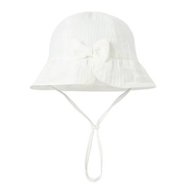 Baby Girl Cotton Bucket Hat with Bow Toddler Infant Breathable Sun Hat (Cotton, White)