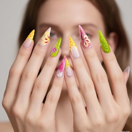 Handmade Press On Nails Long Stiletto – Tropical Colorful False Nails with 3D Carved Flowers, Gradient Glossy Finish, Reusable Stick on Sculpted Summer Party Nail Art for Women (10pcs)