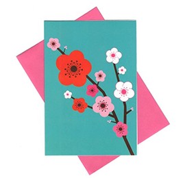 Floral Themed Set of 8 Blank Notecards ~ Red, White and Pink Flowers on Blue (3.75" x 5.25"; Pink Envelopes)
