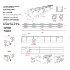 Natotela Channel Drain with Galvanized Steel Grate-39.4Lx6.1Wx5.5H in. Deep Profile Trench Drain System for Driveway,Heavy Duty Trench Drain with Metal Grate for Garage,Parking Lot
