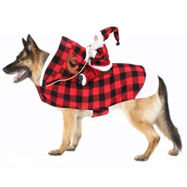 Mfsdai Dog Christmas Outfit, Dog Costume with Santa Rides Pets Reindeer, Dog Hoodie Chihuahua Clothes Plaid for Small Medium Large Dog XL