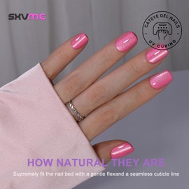 SXVME Short Press On Nails Square - Cat Eye Hot Pink Fake Nails Acrylic Press ons Glue on Nails Opaque Glitter Short False Nails in 30 Pcs for Women
