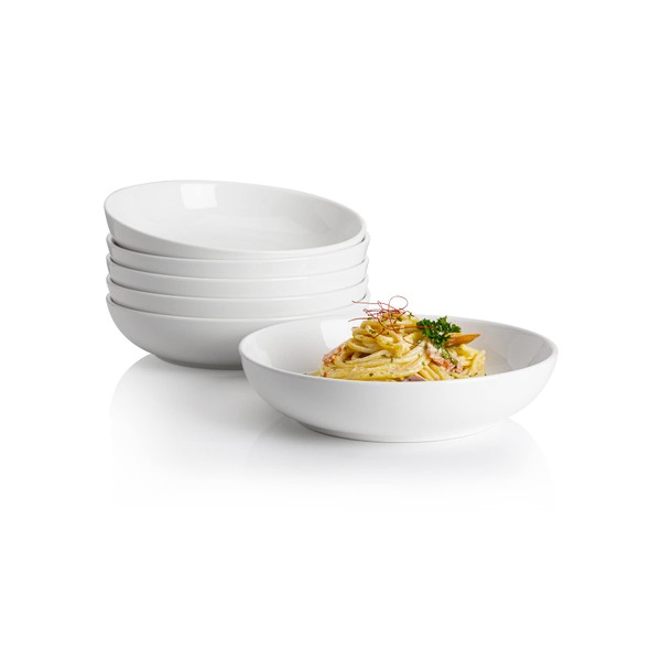 Sweese 30 Ounce Salad Serving Bowls Large, Set of 6, 8.4 Inch Porcelain White Pasta Plates, No. 124.001