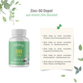 Zinc-50 Depot – 25 mg Zinc (Elementary Content) per 1/2 Tablet – Made from Pure High Dose Zinc Gluconate – 100 % Vegan