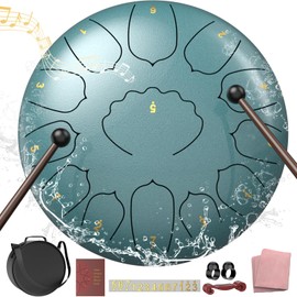 D Major Steel Tongue Drum Handpan, 12 Inch 13 Note Rain Drum for Outside Garden, Meditation Rain Chime, Musical Percussion Instrument for Adult Gift with Bag, Music Book, Drum Mallets (Moss Blue)