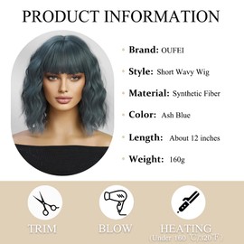 OUFEI Ash Blue Wigs for Women Short Wavy Wig With Bangs Natural Synthetic Hair Heat Resistant Wigs for Daily Party Cosplay Wear