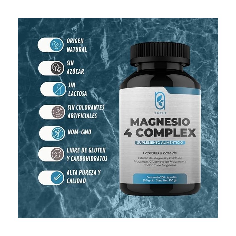 NAIMA Magnesio 4 Complex, 200 Cápsulas Citrato, Glicinato, Óxido y