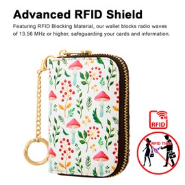Credit Card Holder for Women, RFID Card Holder Wallet - Slim Leather Zipper Card Case - Ladies Small Keychain Wallets (Red Mushrooms)