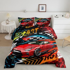 jejeloiu Racing Car Comforter Set Twin Size Kids Race Soprts Car Comforter for Boys Girls Teens Extreme Sports Bedding Set Breathable Red Honeycomb Buffalo Check Duvet Set Room Decor Quilt Set