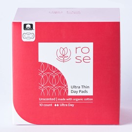 ROSE Organic Cotton Day Pads | Ultra Thin Pads with Wings | Perfect Absorbency | Ultra-Absorbent Sanitary Pads for Women | Hypoallergenic 100% Organic Cotton Core and Top Sheet 10 Count