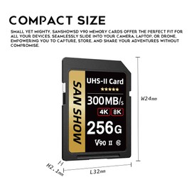 SANSHOWSD Professional V90 SD Card, SDXC UHS-II V90 Memory Card, Full-HD & 8K Video, Up to 300MB/s Read, for DSLR, Cinema-Quality Video Cameras (256GB)