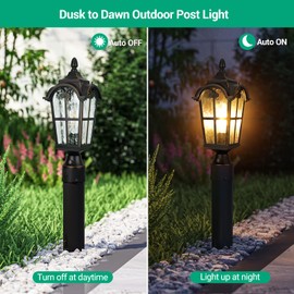 EDISHINE Dusk to Dawn Outdoor Post Light with Pier Mount Base, Black Roman Waterproof Pole Lantern Fixture, Water Ripple Glass Exterior Lamp Post Light for Driverway, Patio, Pathway