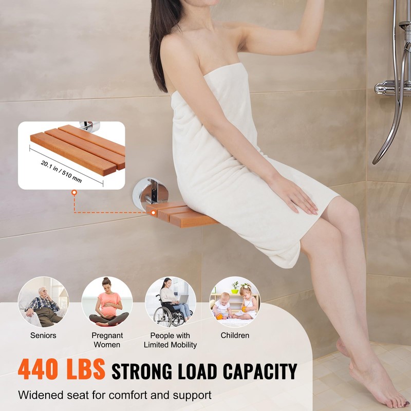 VEVOR Folding Teak Shower Seat, 20.1" x 13.2" Unfolded, Wall