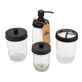 Jarmazing Products Ball Mason Jar Bathroom Gift Set (4 pcs) - Lotion/Soap Dispenser, Toothbrush Holder, Q-Tip Storage Jars - Farmhouse Home Decor for Vanity Organization - Luxury Accessories - Black
