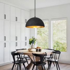 Yezgge Farmhouse Pendant Light,11.8" Black with Gold Grain Industrial Dome Chandelier,Adjustable Vintage Pendant Lights Kitchen Island for Dining Room,Bedroom,Hallway