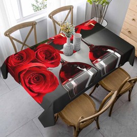 LoLo UoUo Red Wine Glasses Rose Table Cloth 60x84 Inch Petal Candle Heart Romantic Love Bright Flower Rectangle Tablecloths for Table Decoration Kitchen Home Dinner Wedding Party Supplies Outdoor