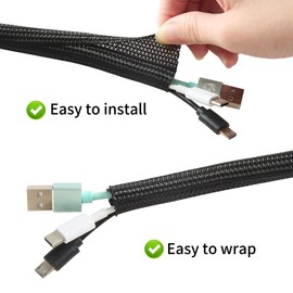 QCSIW Split Wire Loom 1/2 Inch 10ft, Braided Cable Sleeve for Cable Management, Cord Protector for Pets, TV, Desk & Automotive, Black