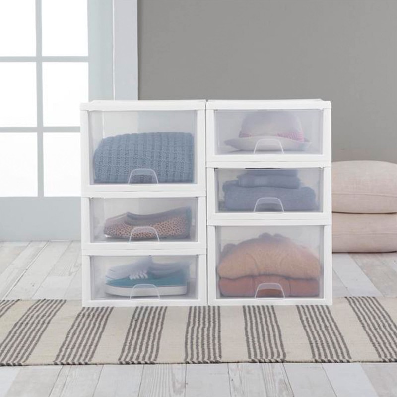 Sterilite 6-Pack Stacking Drawers, Clear Storage Closet Organizer, White Frame,