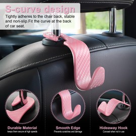 LivTee Car Purse Hook, Headrest Hook for Car, 4 Pack Universal Auto Car Seat Headrest Hook Hangers Organizer for Purse Coat Umbrellas Grocery Bags Handbag, Car Accessories - Carbon Fiber Pink