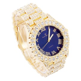Mens Gold Big Rocks Bezel Royal-Blue Dial with Roman Numerals Fully Iced Out Watch w/Cuban Chain Bracelet & Ring Size - Royal Blue/Gold - ST10327CBG, gold, 8, Modern