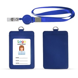 HYCOPROT Soporte para tarjetas de identificación con cordón, de piel sintética, retráctil, vertical, horizontal, con 1 ventana de identificación transparente y 1 ranura para tarjetas de crédito y para la escuela de oficina (vertical, azul)