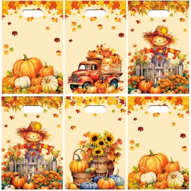 CUUSNNY 60 Pcs Fall Plastic Goodie Bags with Handles —Thanksgiving Treat Bags,Autumn Pumpkin Truck Scarecrow Maple Leaves Candy Favor Bags for Thanksgiving Harvest Party Supplies